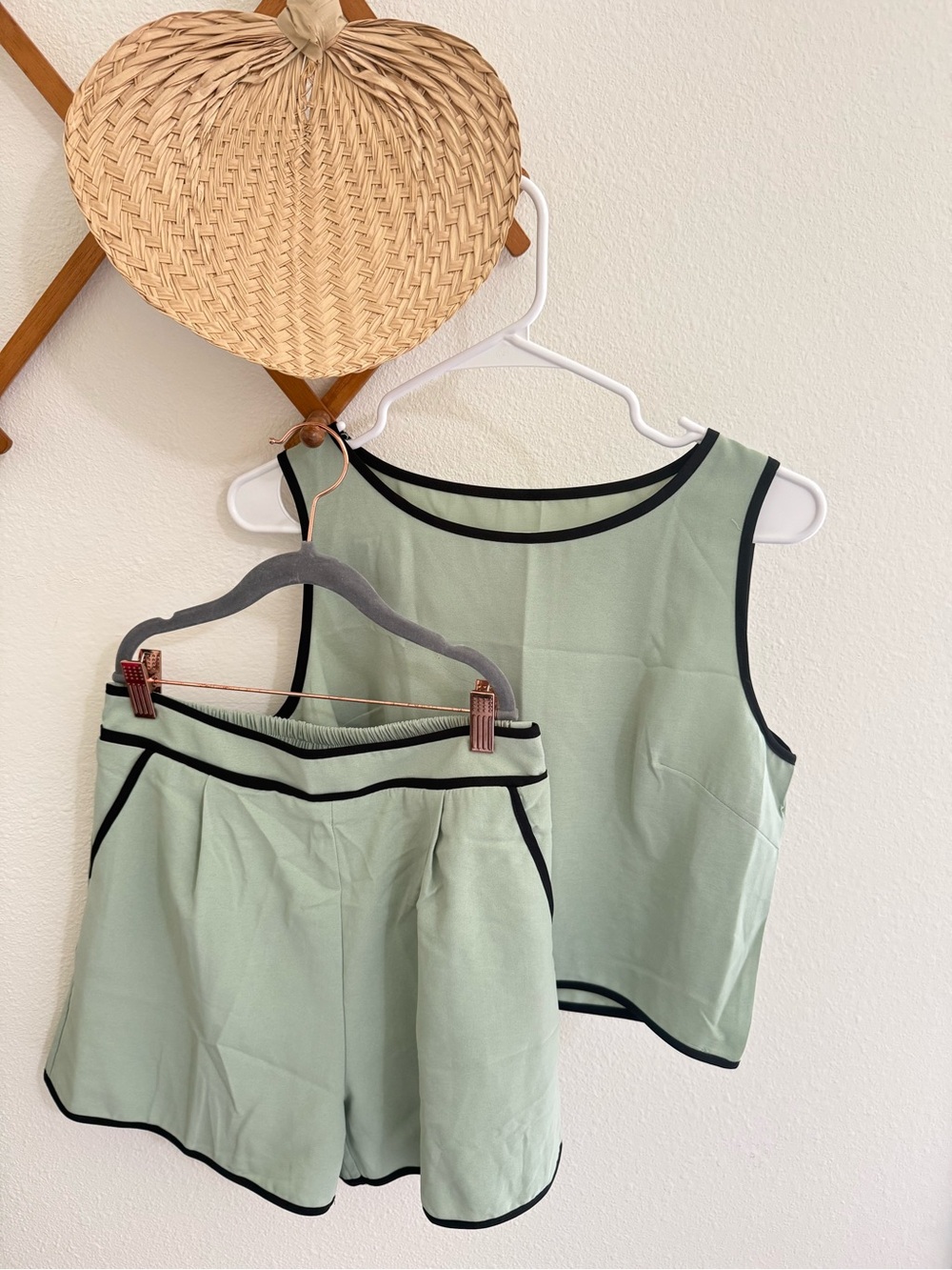 SHEIN Sage Green Two-Piece Tank Top and Shorts with Black Piping